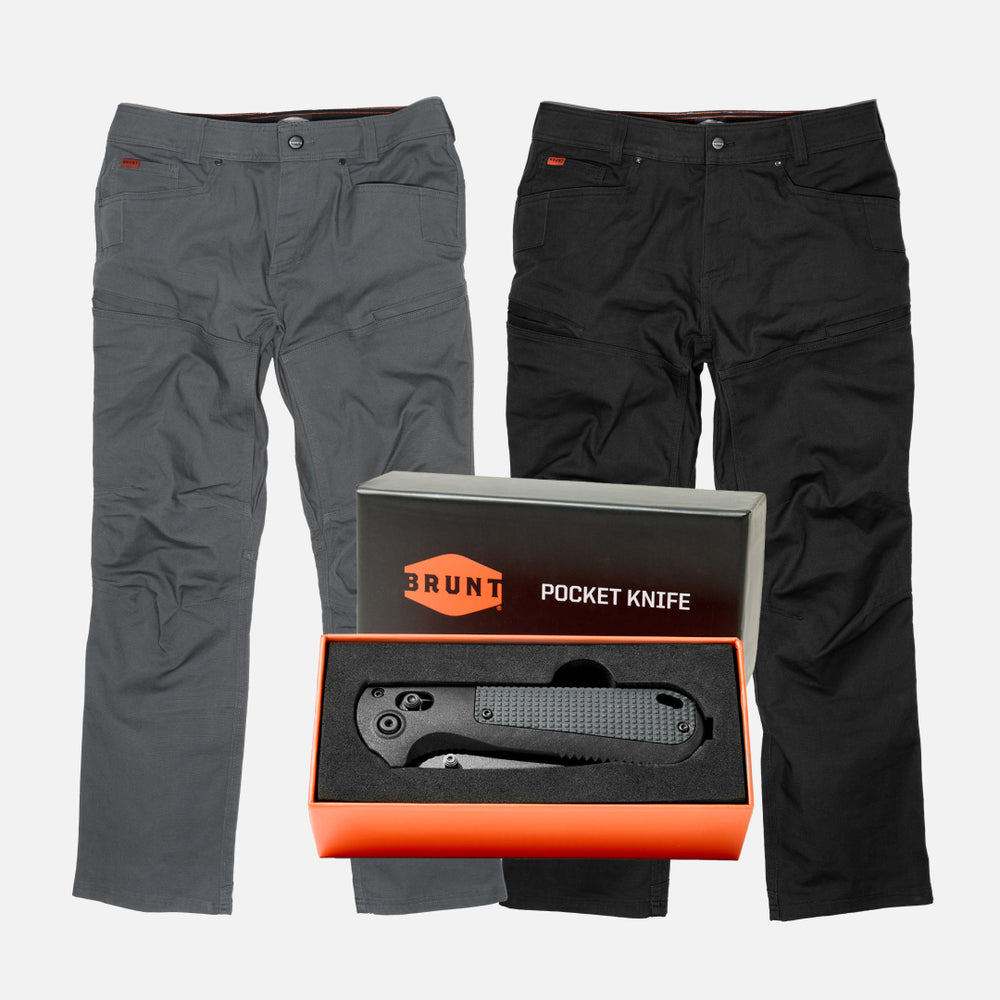 BRUNT water resistant double-knee martin work pant in charcoal and black with BRUNT pocket knife * 0