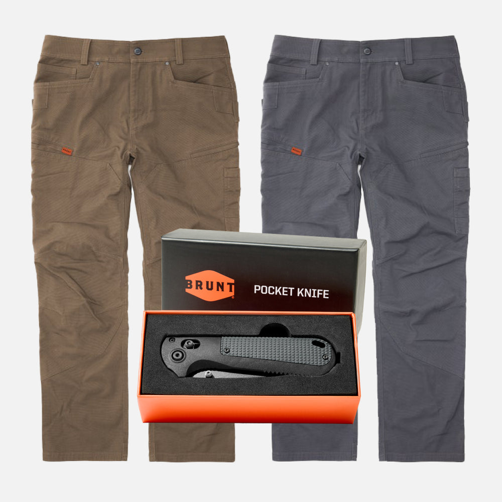 BRUNT water resistant double-knee martin utility work pant in brown and charcoal with BRUNT pocket knife * 0