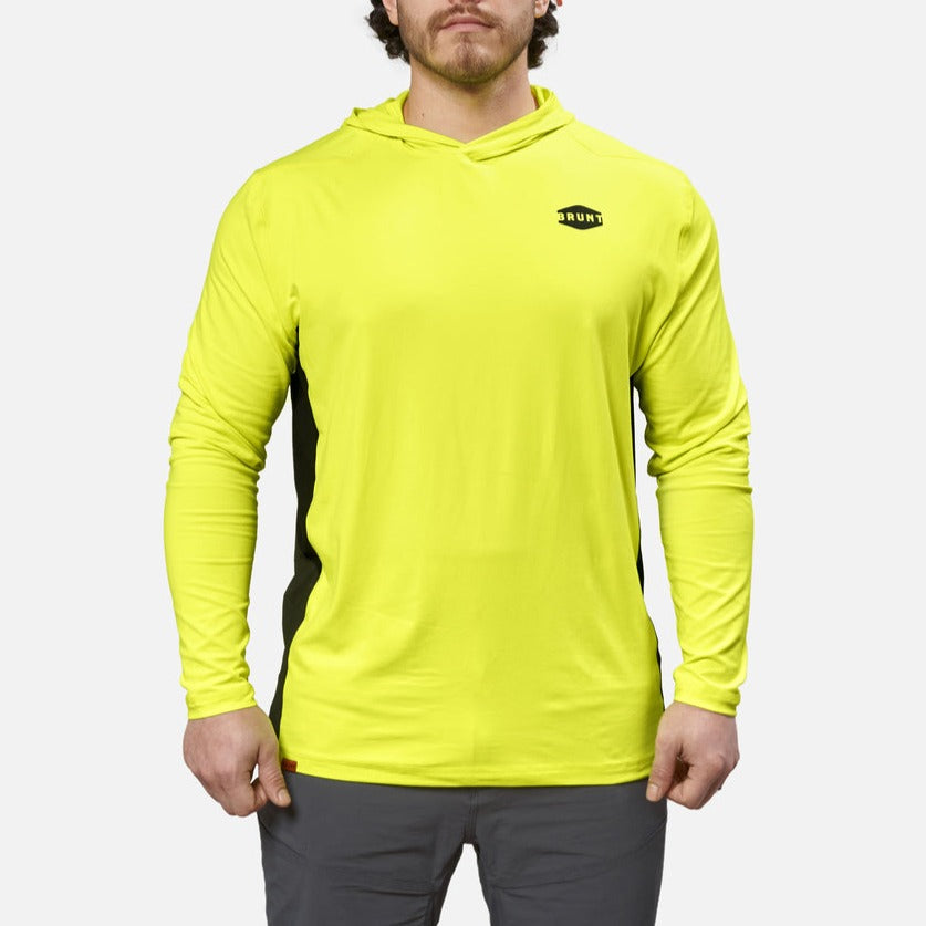 View 1 front of the BRUNT lightweight mckenna sun hoodie with UPF protection in hi vis yellow * 0