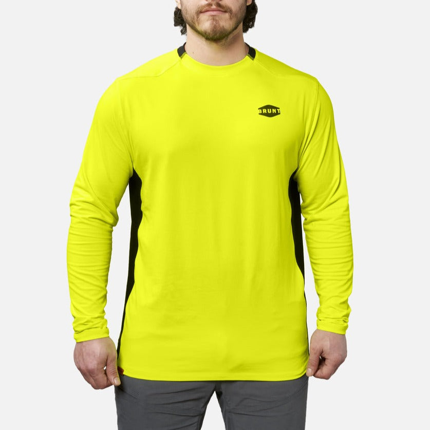 Front of the BRUNT lightweight mckenna long sleeve sun tee with UPF protection in hi vis yellow * 0