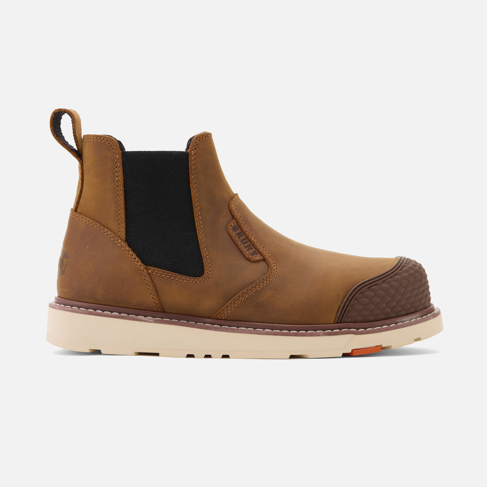 View 1 right side of the BRUNT 6 inch water-resistant slip-on reinforced composite toe ohman work boot in brown