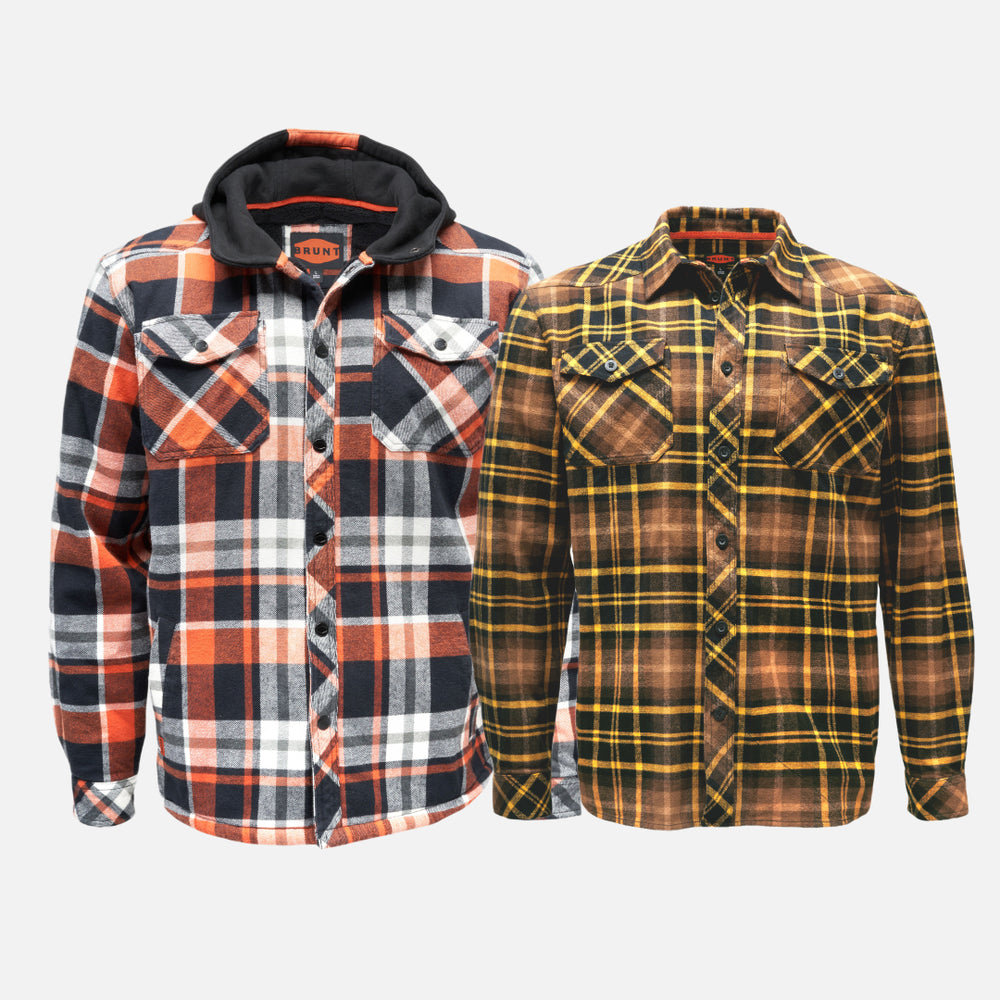 BRUNT quilted flannel work shirt jacket in black orange plaid and BRUNT heavy duty stretch work flannel in brown plaid * 0 # NEW