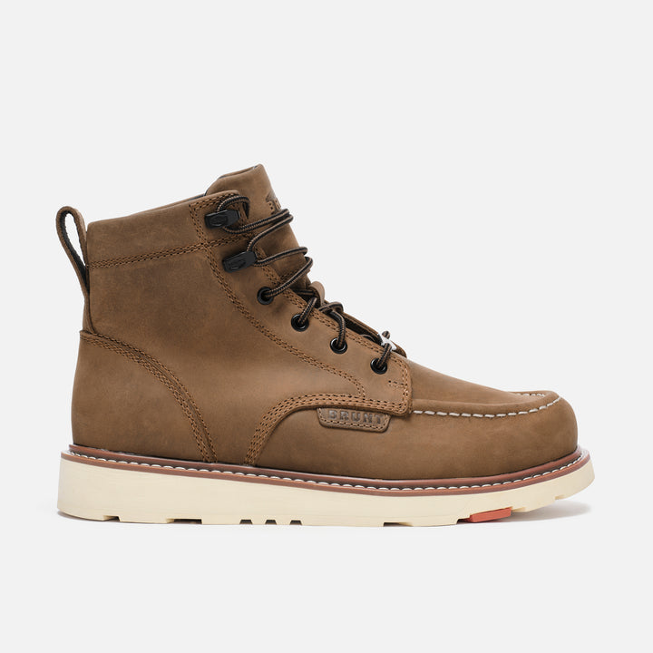 View 1 right side of the BRUNT 6 inch water-resistant unlined moc toe marin work boot in brown