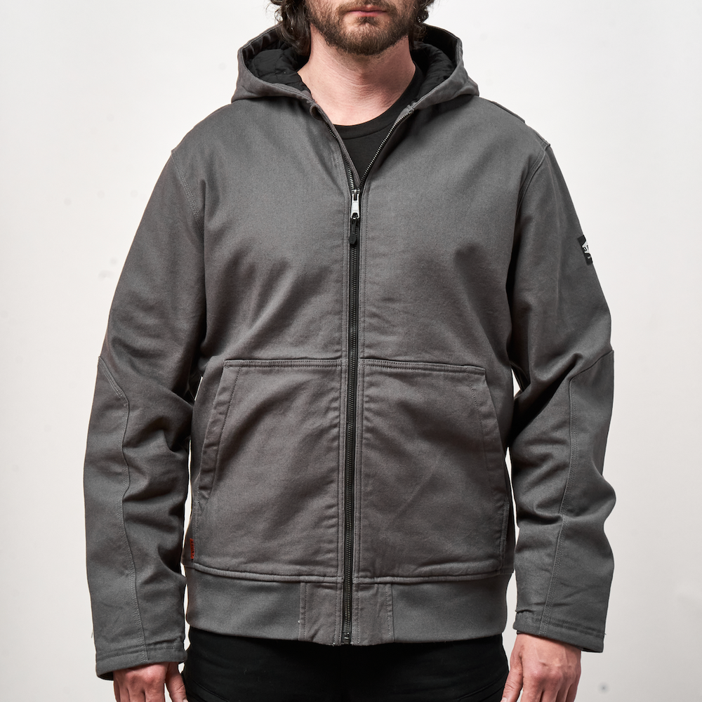 Front of the BRUNT utility roughton work jacket with oversized hoodie in charcoal * 0 # SELLING FAST