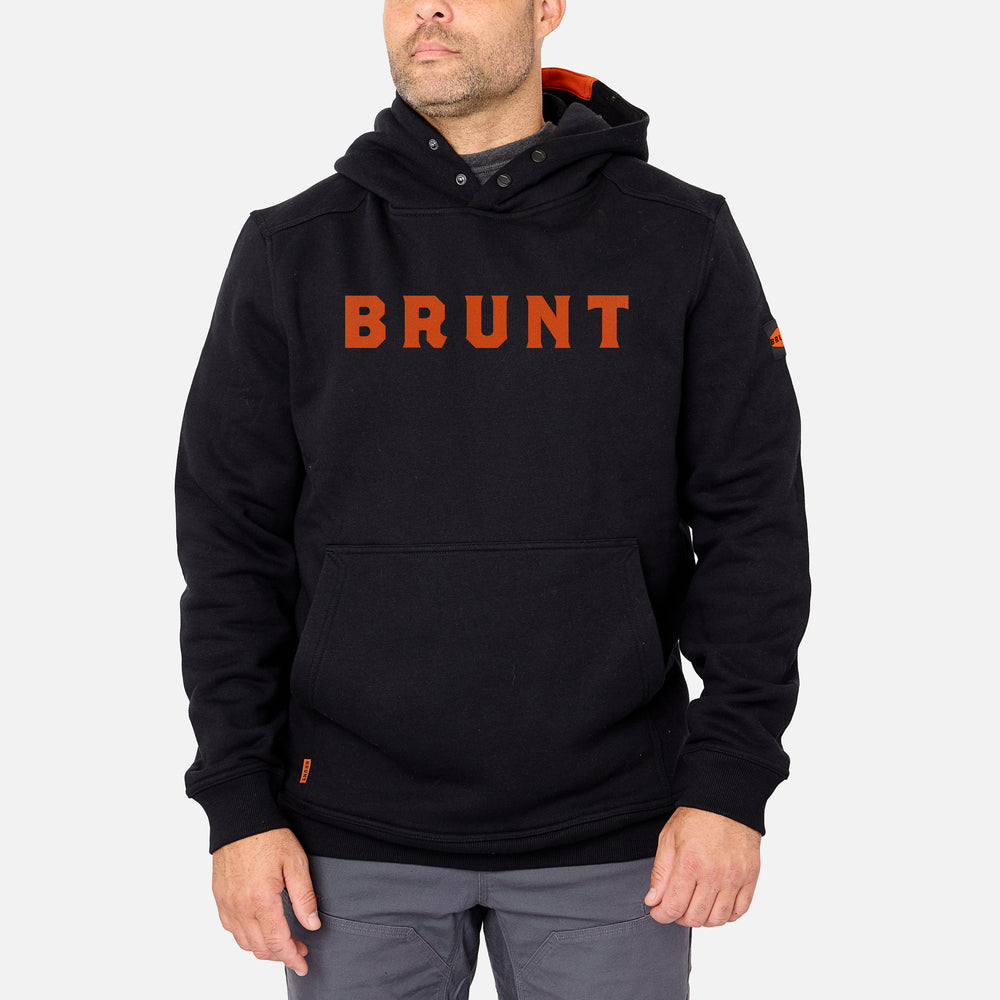 View 1 front of the limited edition BRUNT water resistant shevlin work hoodie in black with BRUNT on chest * 0 # LIMITED EDITION