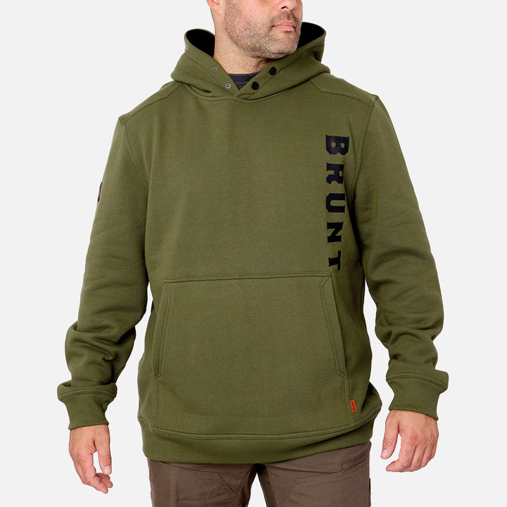 Front of the limited edition BRUNT water resistant shevlin work hoodie in BRUNT hunter vertical * 0 #LIMITED EDITION