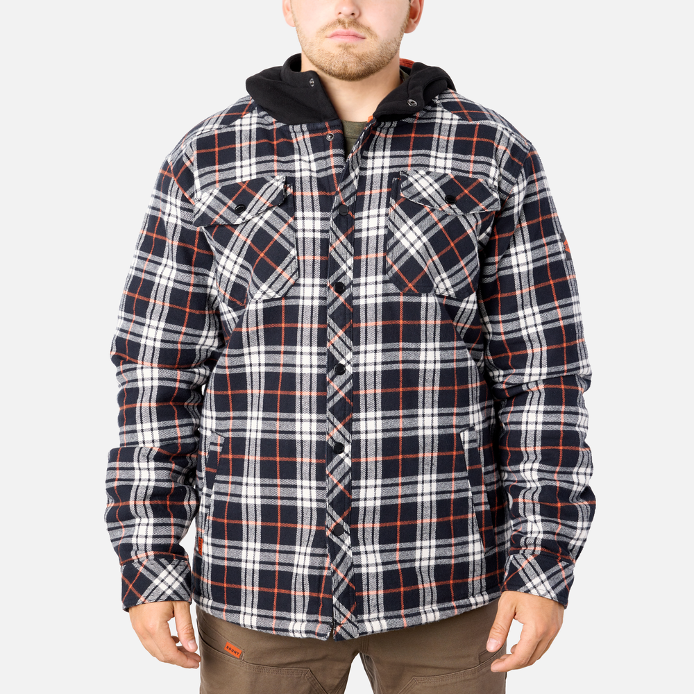 View 1 front of the BRUNT quilted flannel work shirt jacket in black white plaid * 0