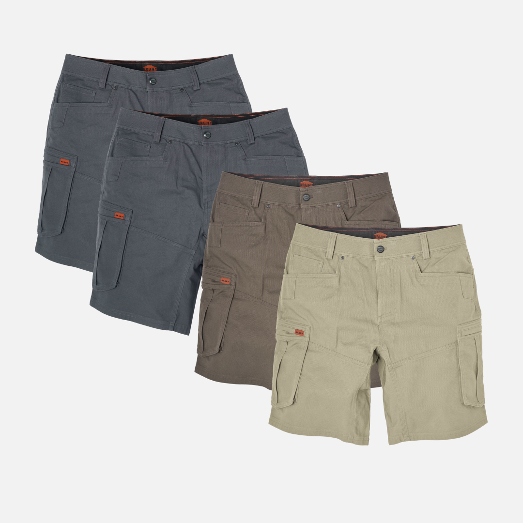 View 1 four of the BRUNT abrasion resistant cargo work shorts in charcoal, brown and khaki * 0 # FREE PAIR OF SHORTS