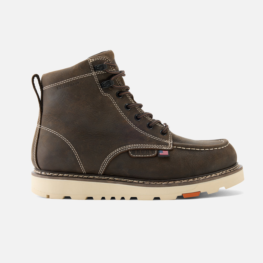 Right side of the BRUNT USA 6 inch waterproof welted moc toe marin work boot in dark brown