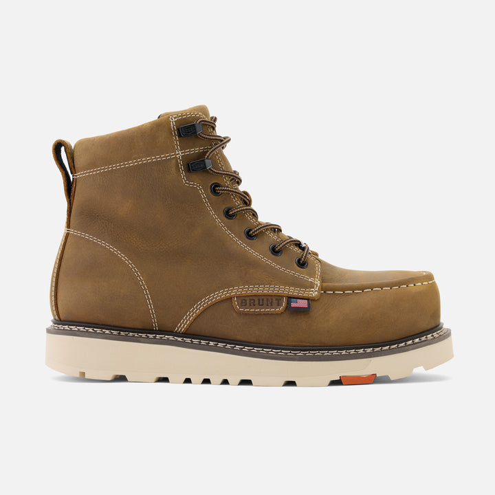 View 1 right side of the limited edition BRUNT 6 inch non waterproof moc toe marin work boot in dark tan * # LIMITED EDITION