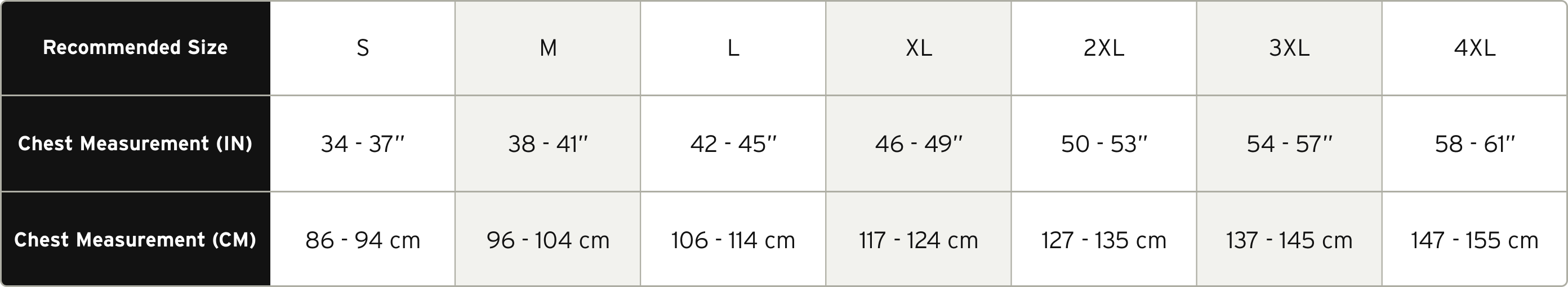 Vest Size Chart, chart