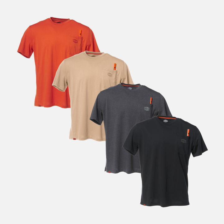 View 1 four BRUNT high quality short sleeve pocket tee in BRUNT orange, khaki, dark grey and black * 0