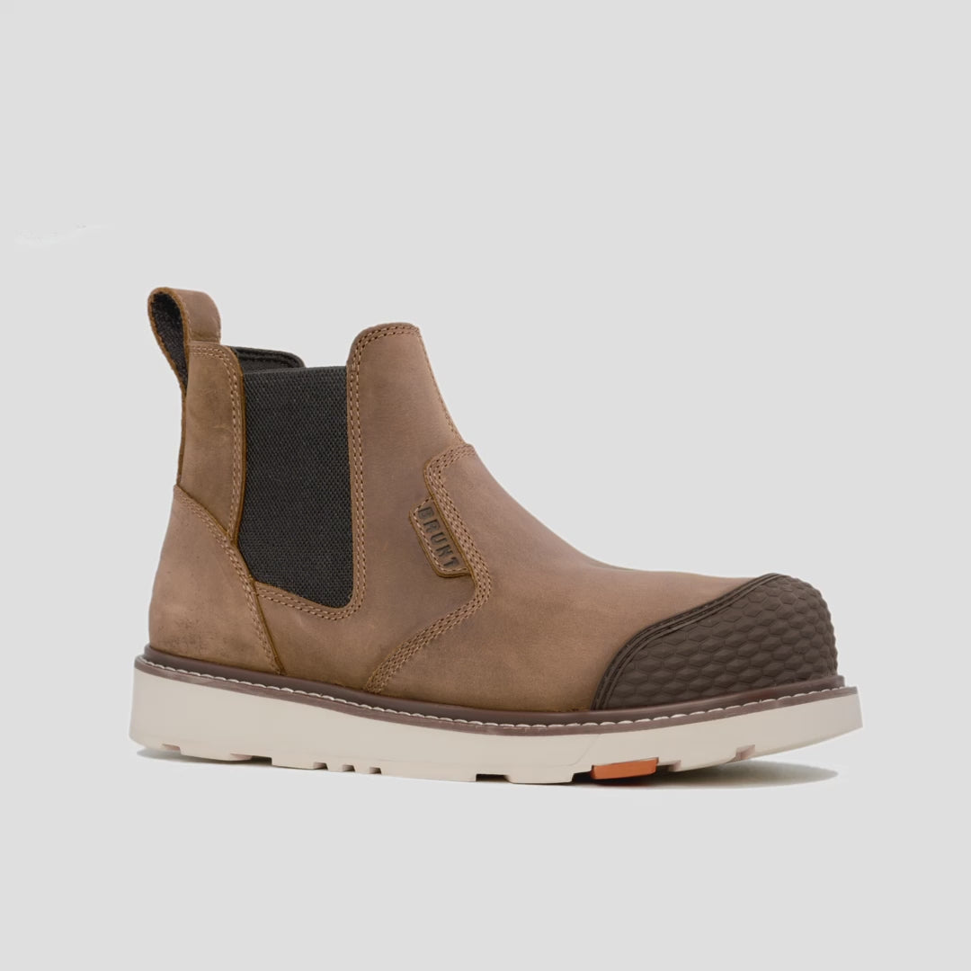 Animated 360 rotating image of the BRUNT 6 inch water-resistant slip-on reinforced composite toe ohman work boot in brown