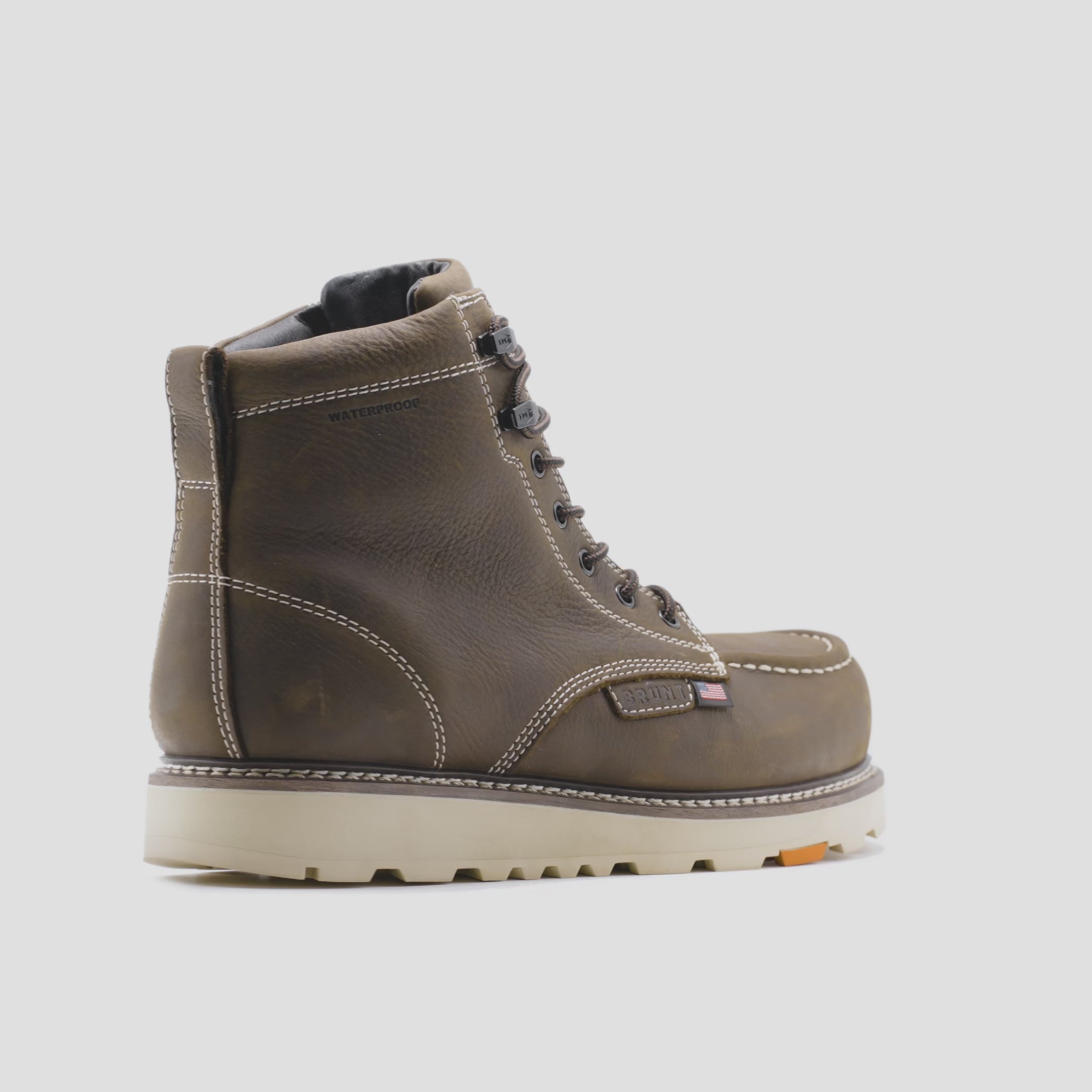 View 2 animated 360 rotating image of the BRUNT USA 6 inch waterproof welted moc toe marin work boot in dark brown