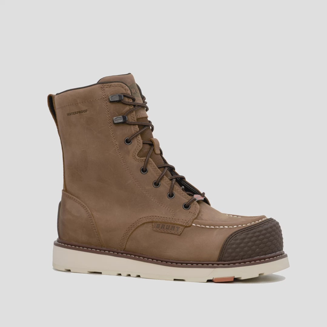 Animated image of the BRUNT 8 inch waterproof reinforced composite toe marin work boot in brown