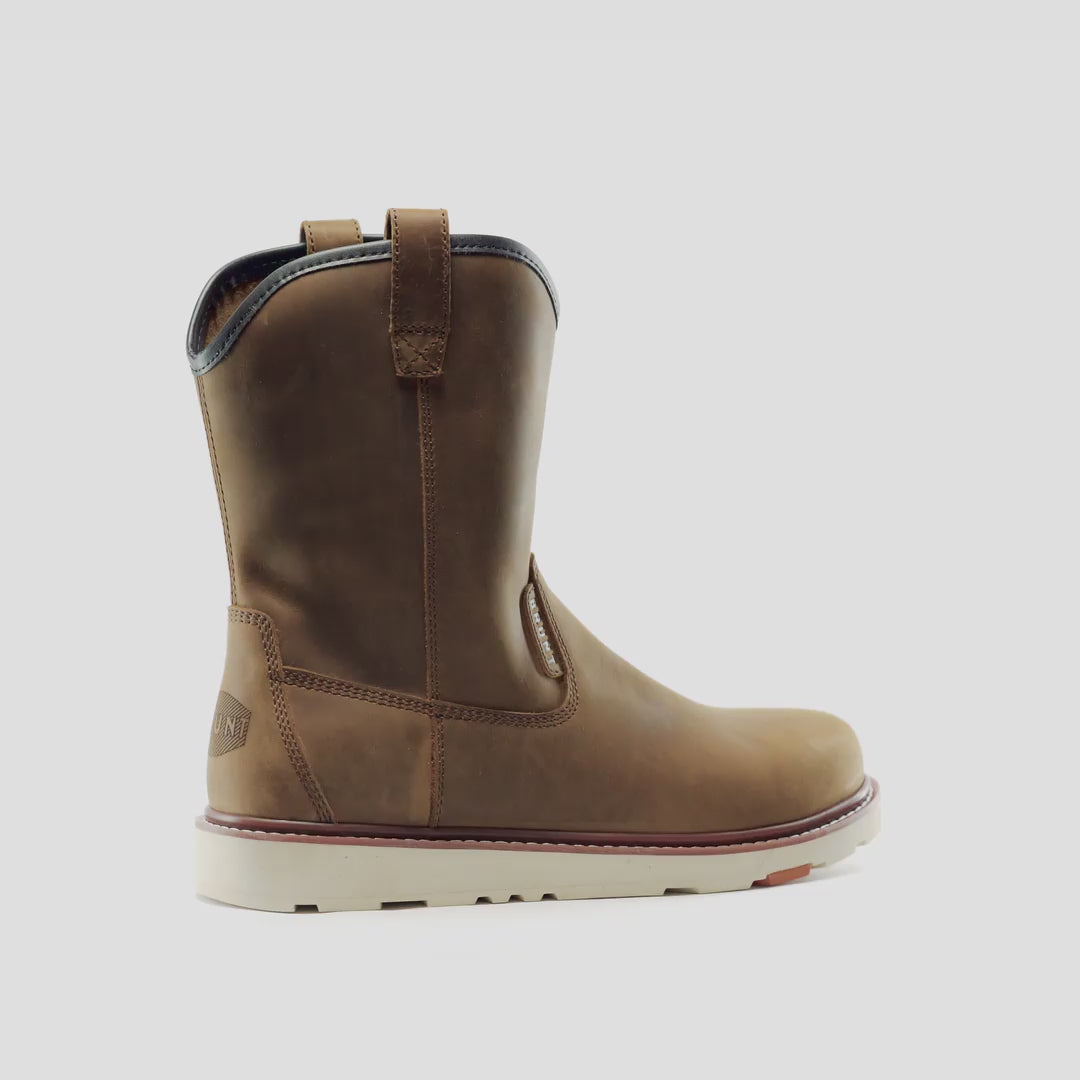 Animated 360 rotating image of the BRUNT 9 inch water-resistant unlined composite toe roper bolduc work boot in brown
