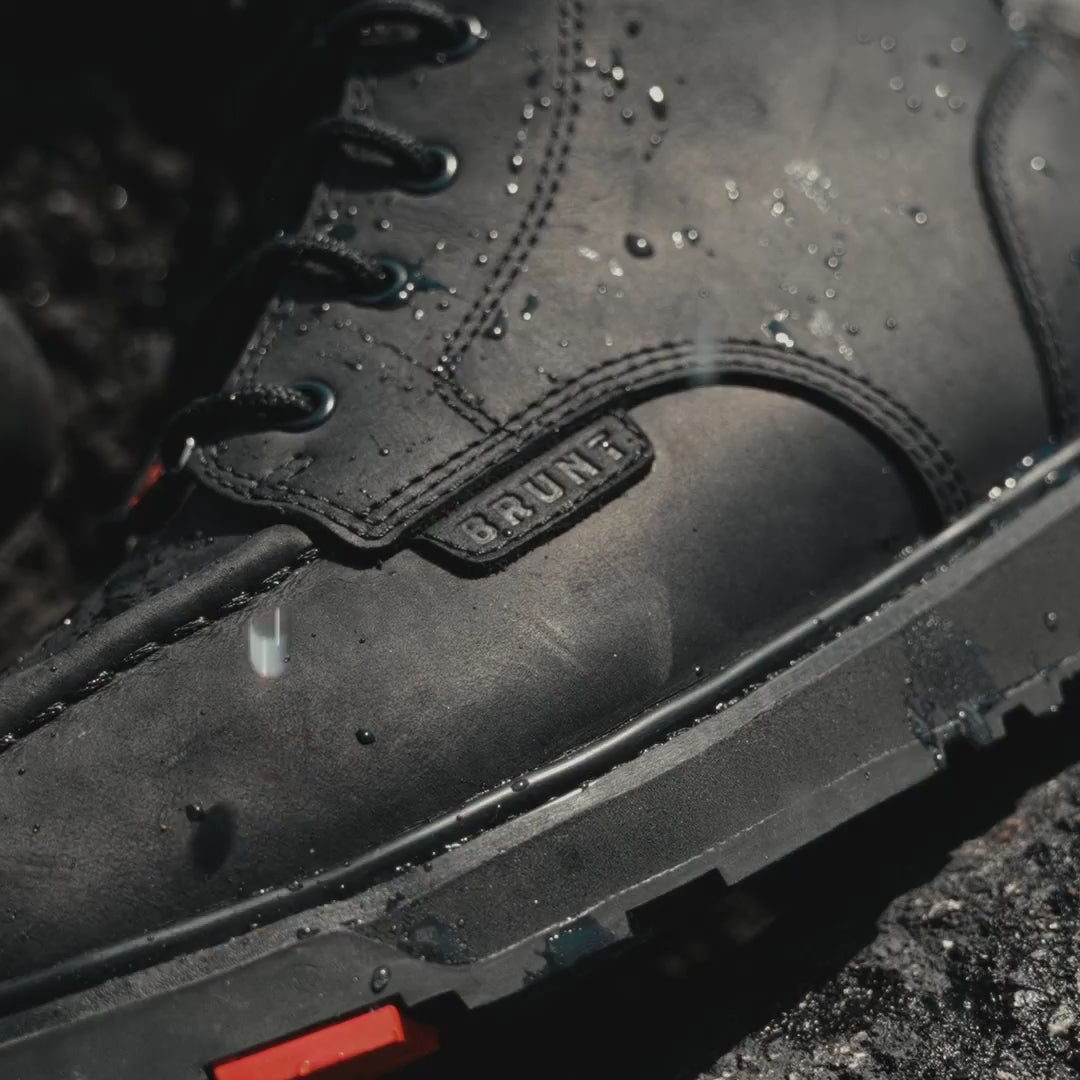 Right side of the limited edition BRUNT 6 inch waterproof composite toe marin work boot in black 