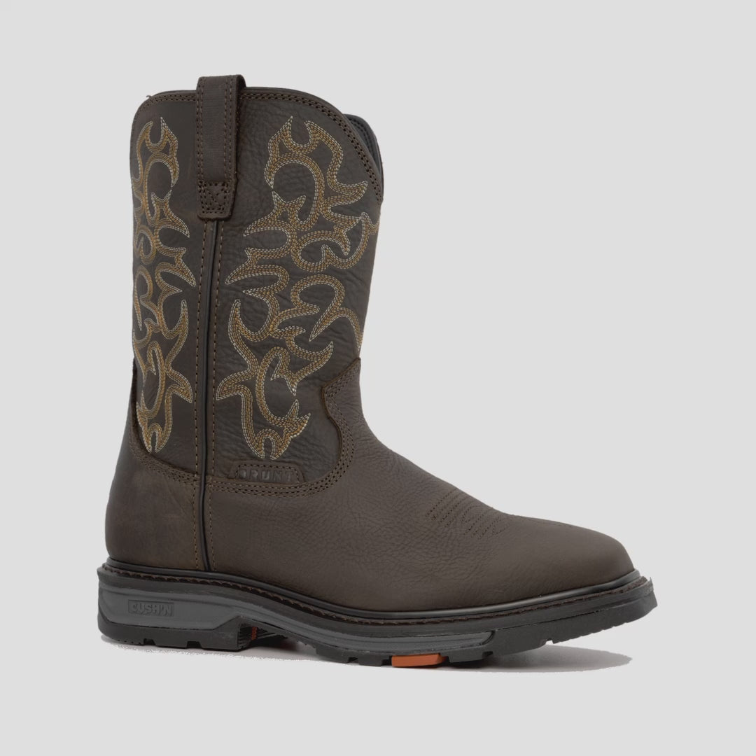 Animated 360 rotating image of the BRUNT 10 inch welted composite square toe work boot in dark brown