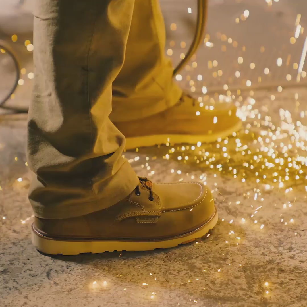 video of BRUNT 6 inch waterproof composite toe marin work boot in brown on job site with sparks
