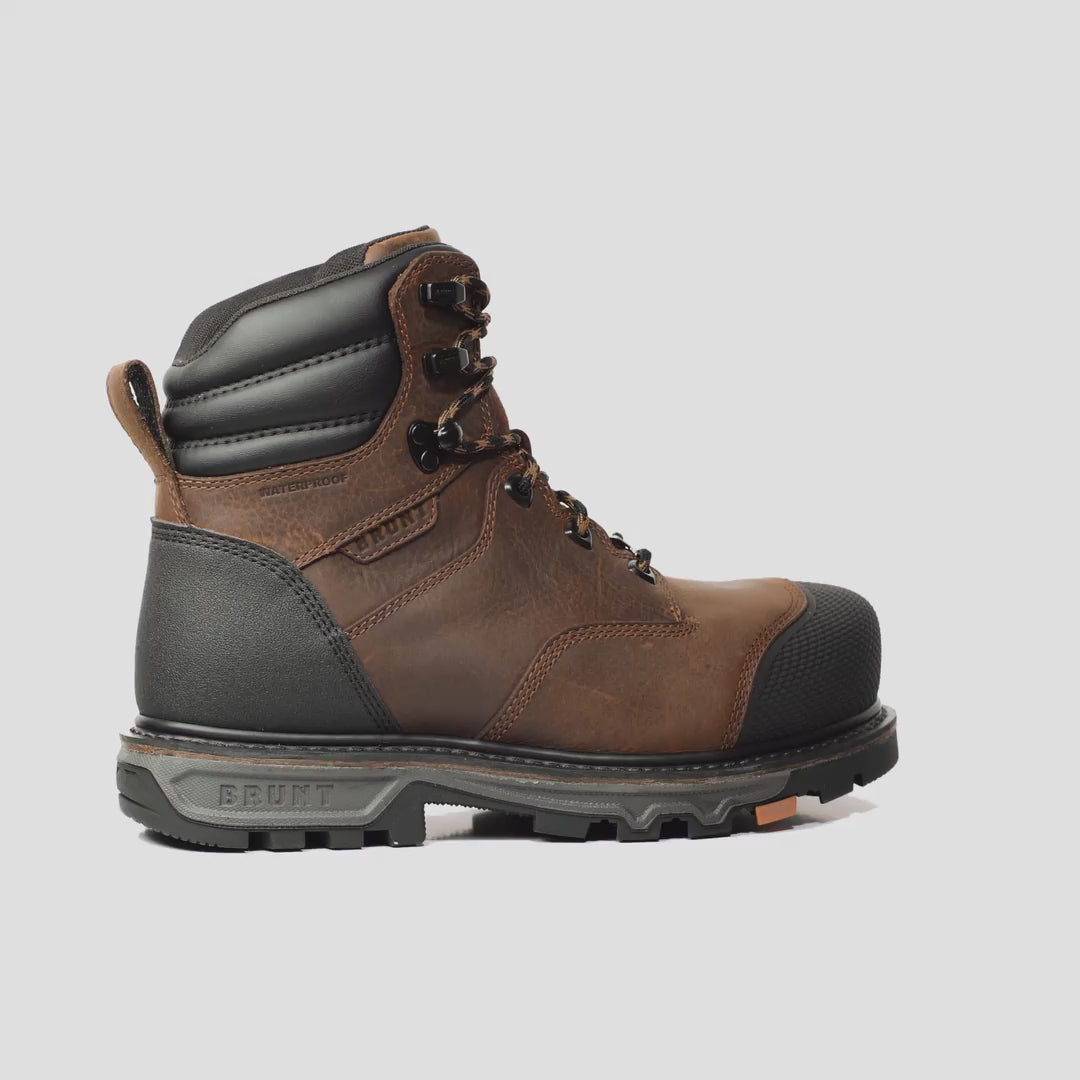 Animated 360 rotating image of the BRUNT 6 inch waterproof welted composite toe mulder work boot with 90 degree defined heel in brown