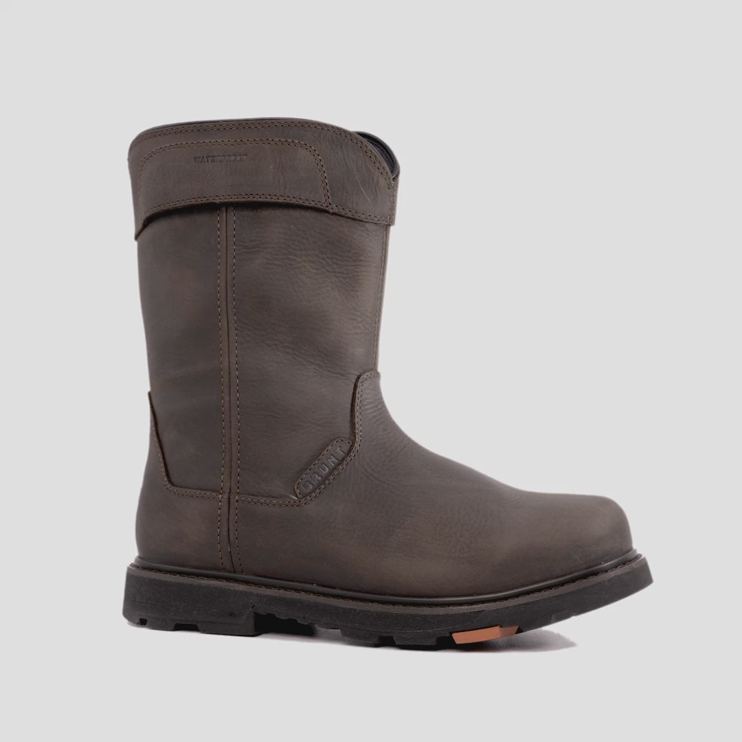 Animated 360 rotating image of the BRUNT 10 inch waterproof soft toe pull-on boot in dark brown