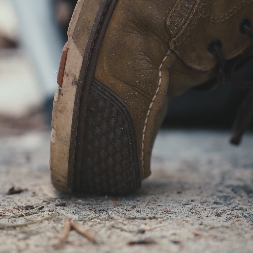 Video of the BRUNT 6 inch waterproof reinforced composite toe marin work boot in brown on the jobsite
