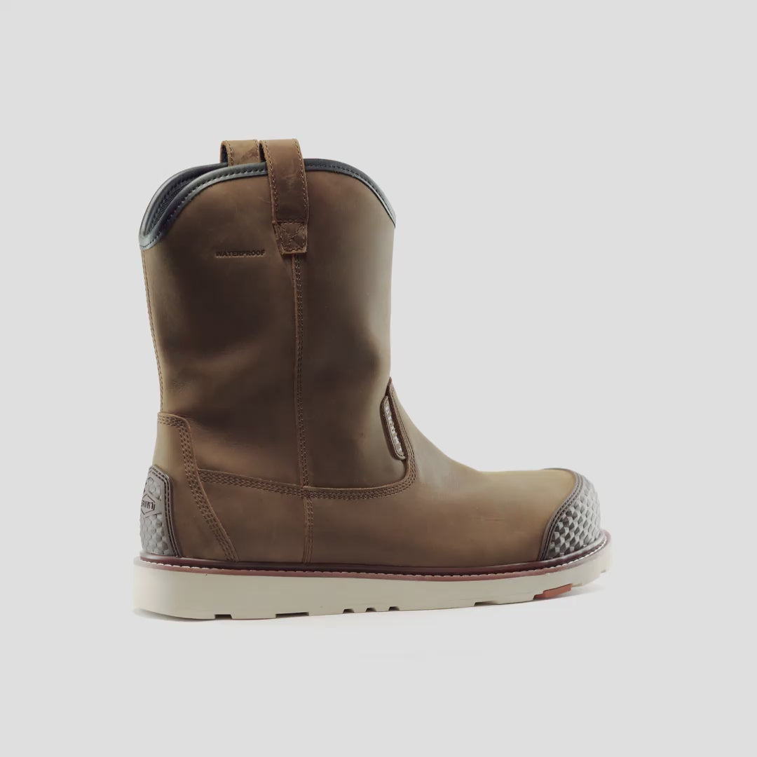 Animated 360 rotating image of the BRUNT 9 inch waterproof reinforced composite toe roper bolduc work boot in brown