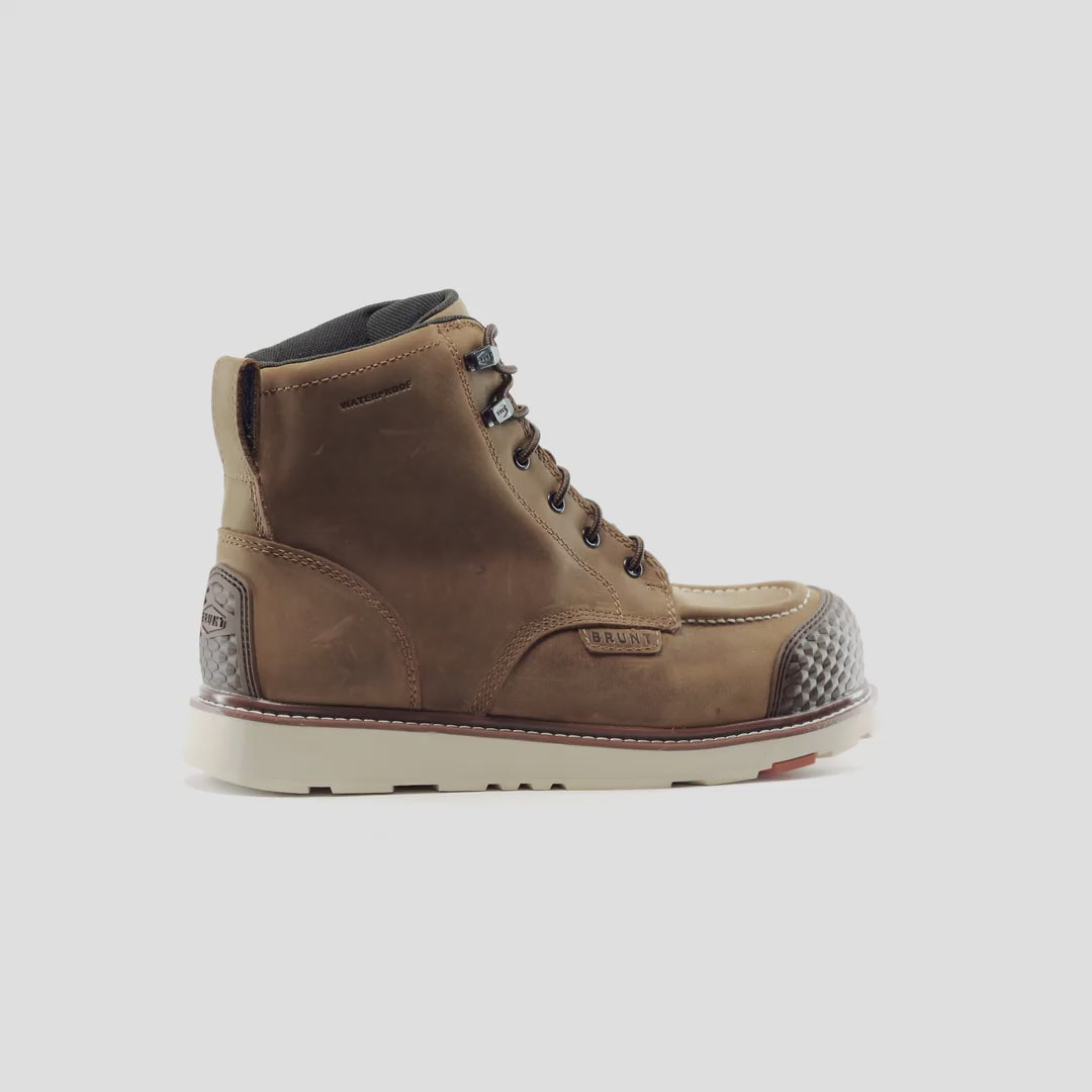 Animated 360 rotating image of the BRUNT 6 inch waterproof reinforced composite toe marin work boot in brown