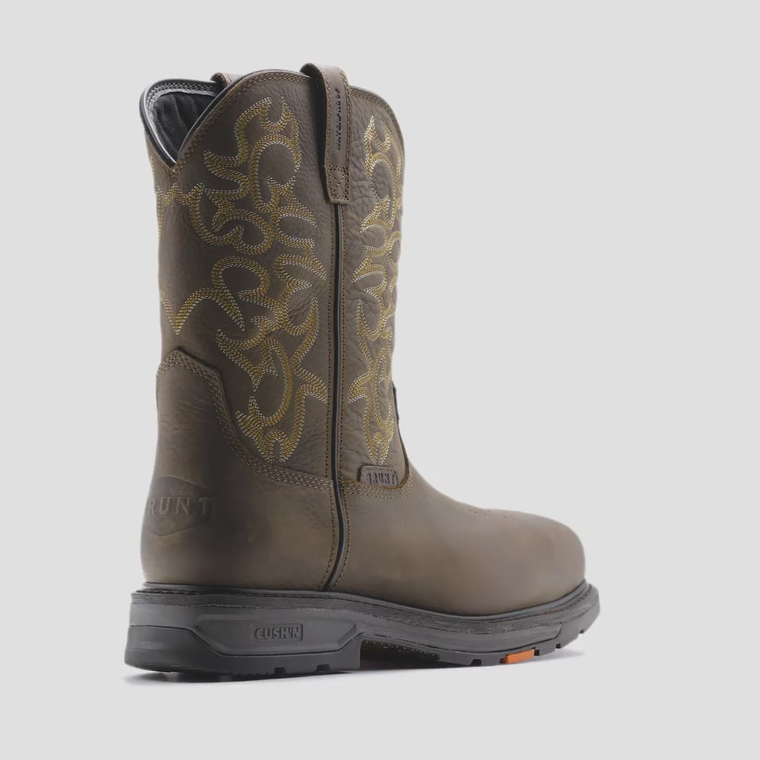 Animated 360 rotating image of the BRUNT 10 inch welted waterproof composite square toe work boot in dark brown