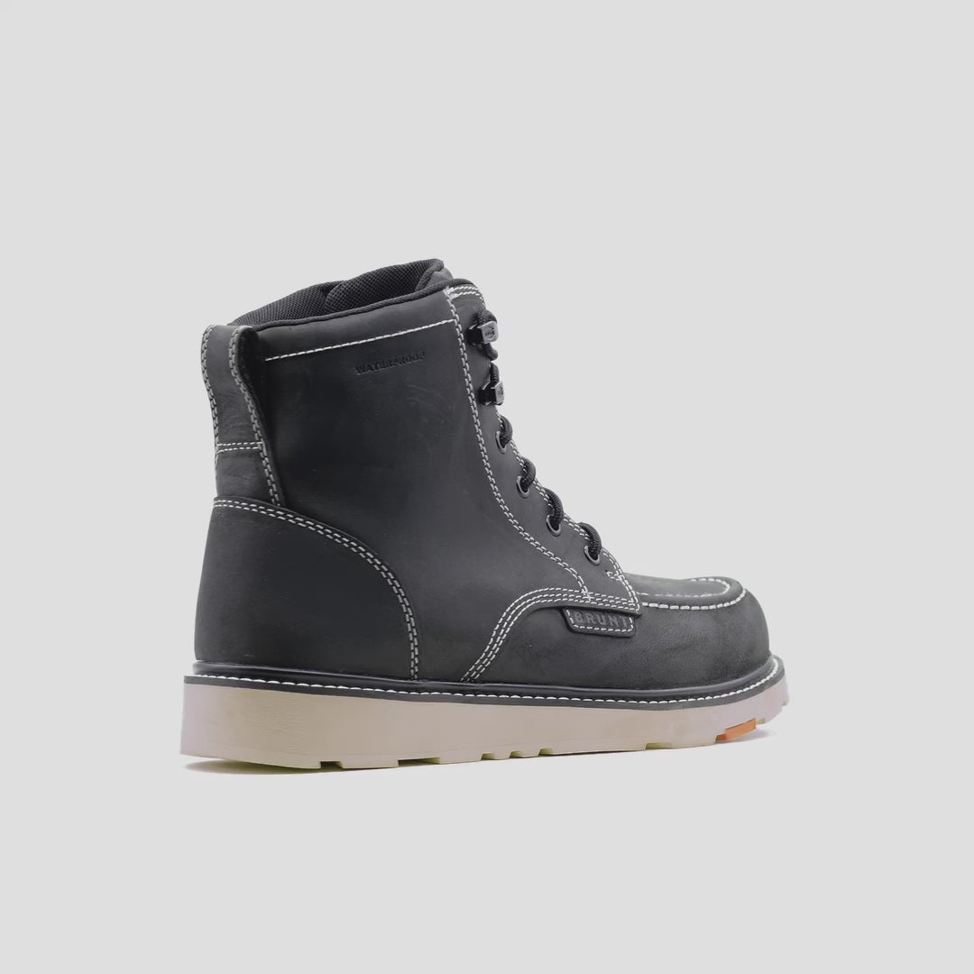 Animated 360 rotating image of the BRUNT 6 inch waterproof moc toe marin work boot in black