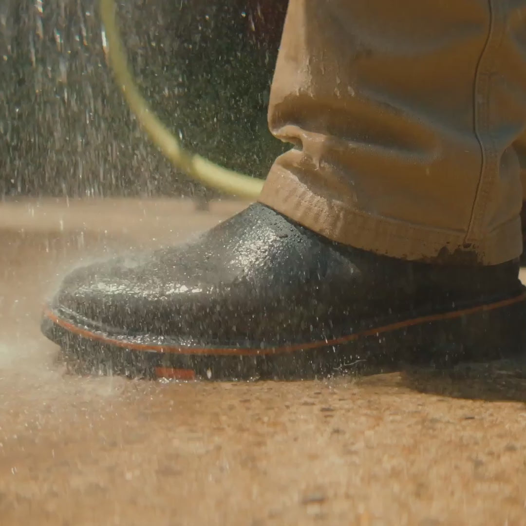 video of man wearing the BRUNT 10 inch waterproof square toe work boot in dark brown on jobsite