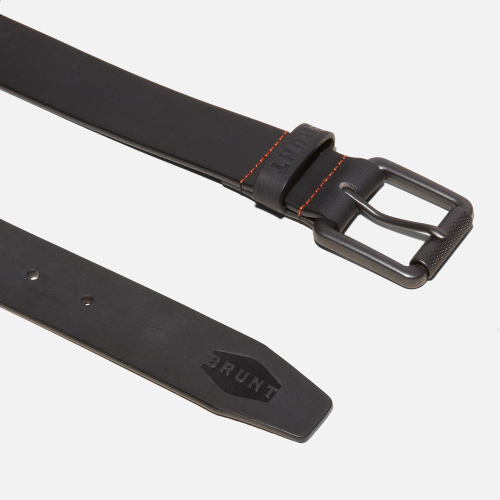 View 1 buckle and end of leather belt with orange stitching and embossed BRUNT logo in black * 0
