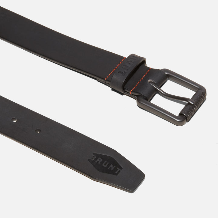 View 1 buckle and end of leather belt with orange stitching and embossed BRUNT logo in black * 0