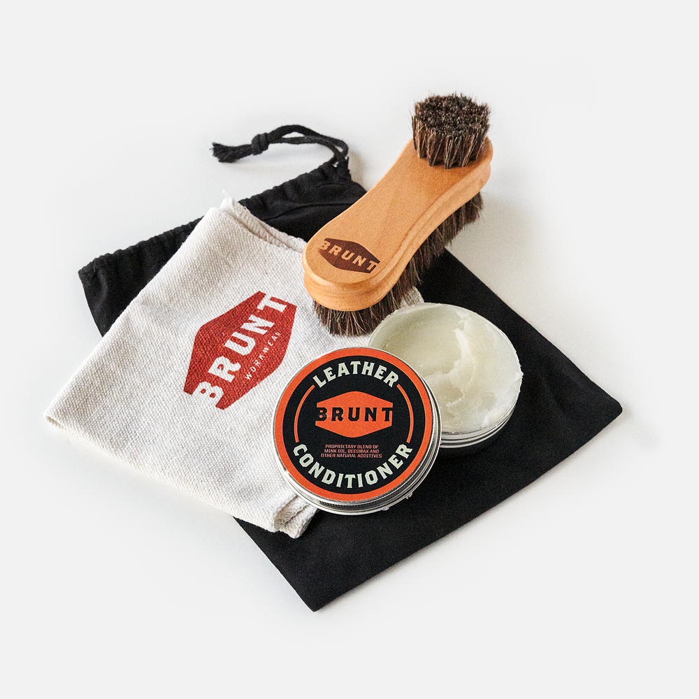 Container of BRUNT Leather Work Boot Conditioner, Shop Rag with BRUNT Logo and Horse Hair Brush