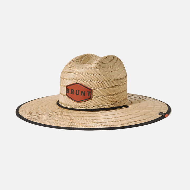 View 1 front of wide brim workers sun hat with BRUNT logo